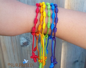 6 RAINBOW FRIENDSHIP BRACELETS. Lucky bracelets set. primary colors. rainbow colors, red-blue-green-yellow-orange-purple. Knotted rosaries.