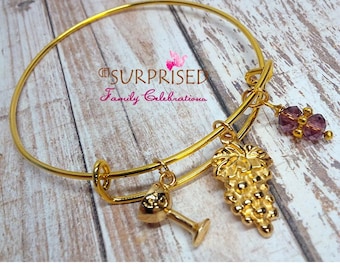 First Communion Bangle Bracelet: 18k Gold Plated Grapes, Wine, Swarovski Crystal