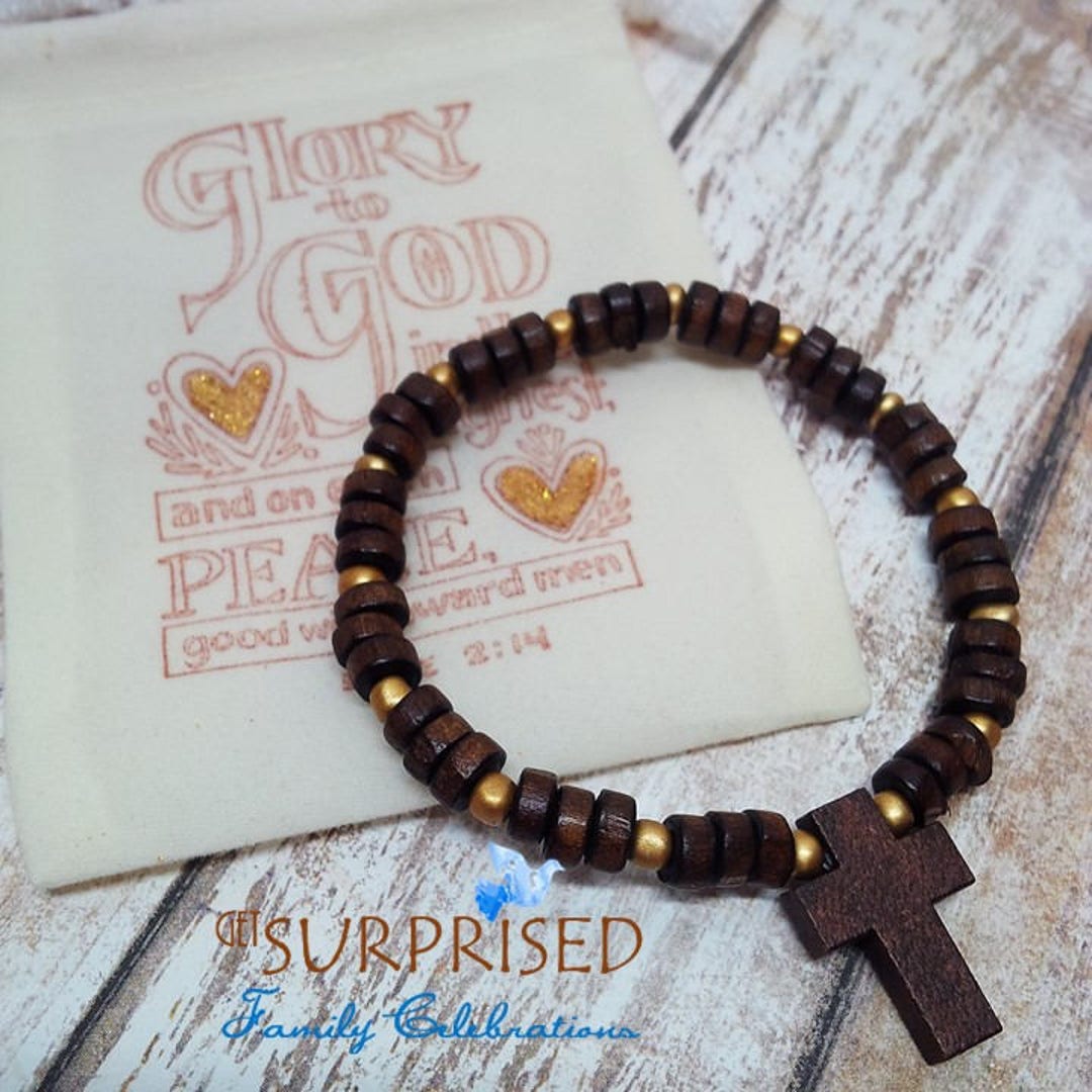 WOODEN CROSS BRACELET. Handcrafted Dark Wood and Dainty Golden Glass