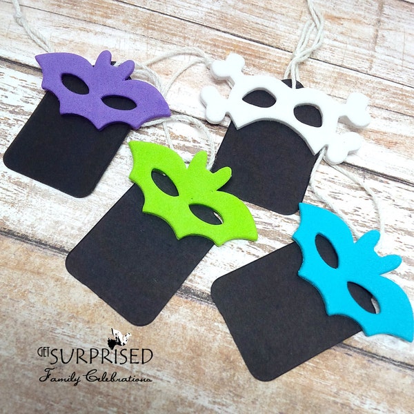 20 HALLOWEEN SKULL TAGS. Assorted colors prestrung small black tags, candy favor stickers. trick or treat tags. bonehead foam. school tags.