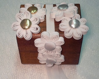 White Fabric Flower Baby Headband, Gold/Silver Center, Baptism Hair Accessory