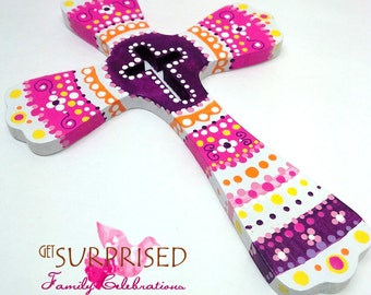 Hand-Painted Wooden Cross, Purple Pink Floral, Nursery Decor