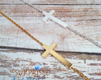 SIDEWAYS CROSS NECKLACE. Dainty stainless steel gold cross necklace. Girls Confirmation gift, Communion, Baptism, sympathy. Celebrity.