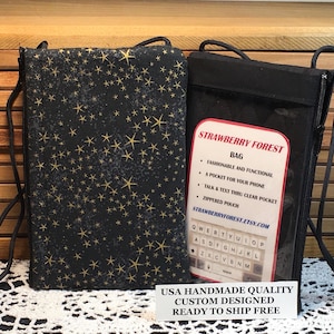 Cartera con cremallera, cartera para teléfono, monedero con pantalla táctil, bolso StrawberryForest, tejido de estrellas metalizadas, bandolera para smartphone, monedero para iPhone para hablar y enviar mensajes de texto