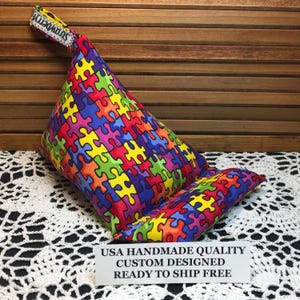 Tablet/Phone Pillow Stand - Wedge Pillow Stand- Handmade in USA - Phone Stand Bean Bag Holder - Lap Stand Mobile Phone Holder, Autism Fabric