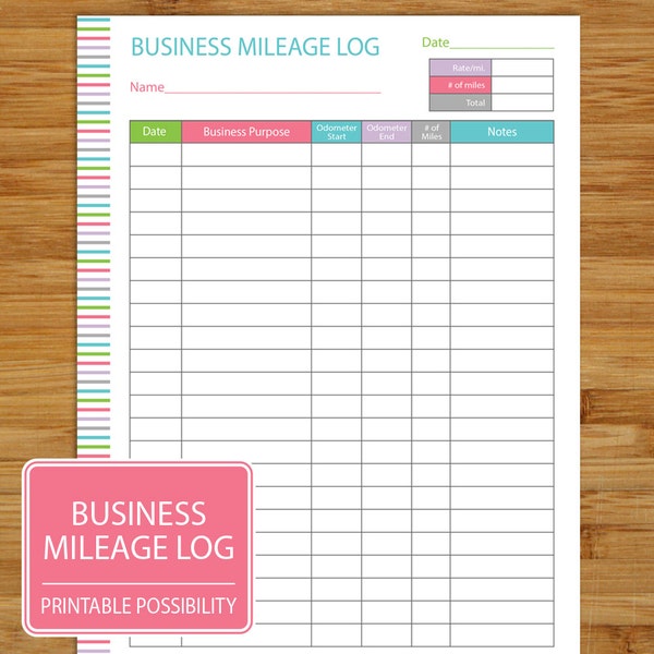 Mileage Log - Business Mileage Tracker - Auto Mileage Tracker -  Coordinates with Business Planning Set - Pink Teal Lime Lavender
