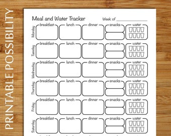 Food Log - Weekly Food Tracking Page - 8.5 x 11 - Track meals, snacks, and water intake  Weekly food tracker in simple black and white