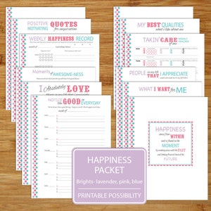 Happiness Worksheet Printables - Brights - 12 Pages - 8.5x11 inch Printable Digital File - Happiness Self-Care Tracker and Worksheets