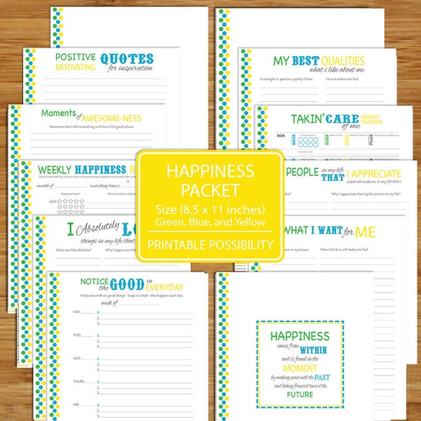 Happiness Worksheet Printables - 12 Pages - 8.5x11 inch Printable Digital File - Happiness Self-Care Tracker and Worksheets
