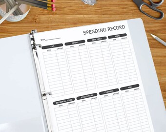 Spending Record - Printable Spending Tracker - Expense Log, Spending Tracker, Money Management Printable Black and White  8.5 x 11 inches