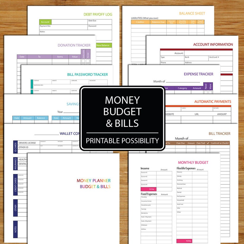 Money Budget and Bills Planner Kit Printable Financial Set Colorful