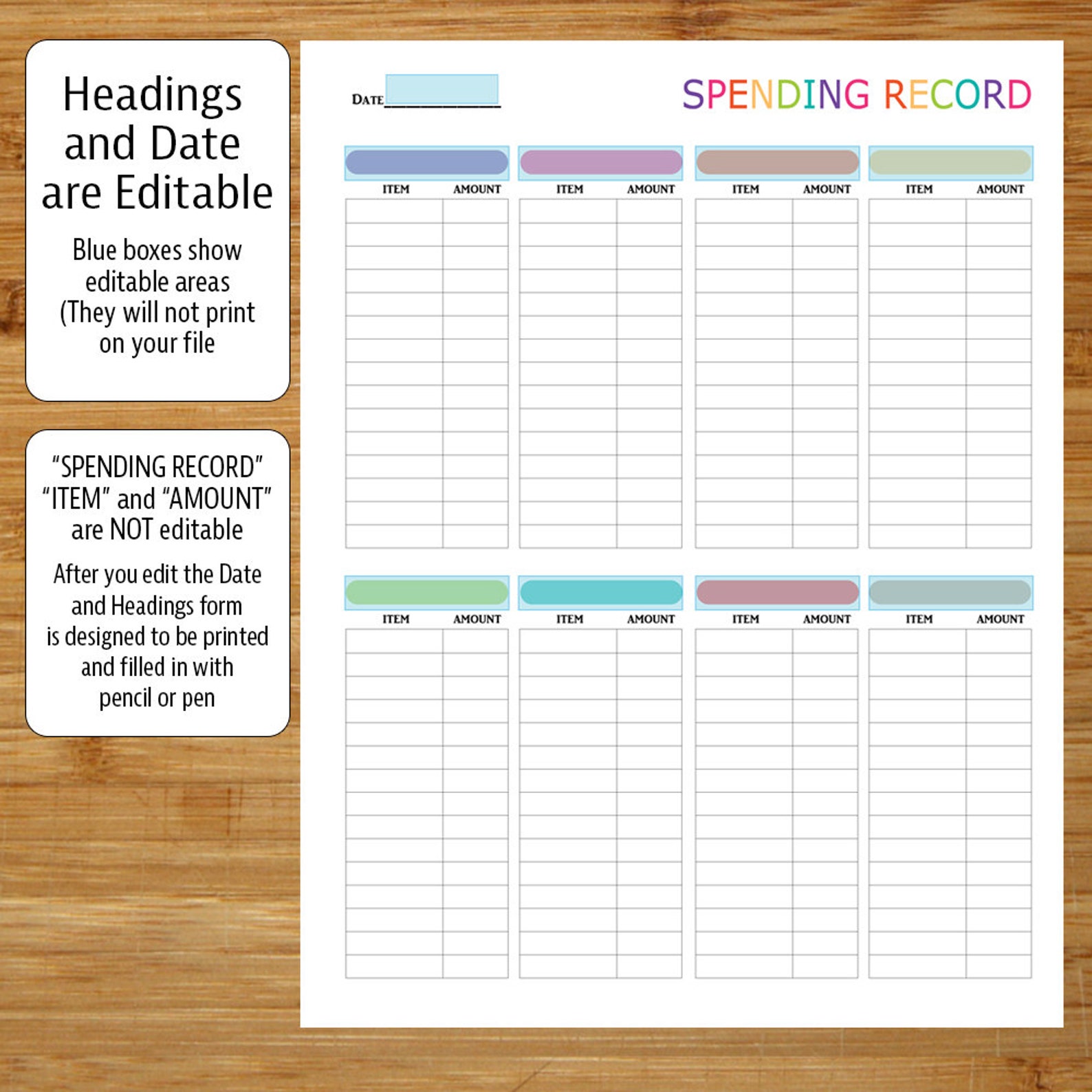 Spending Record With Editable Headings Printable Spending - Etsy