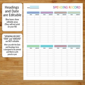 Spending Record With Editable Headings Printable Spending Tracker ...