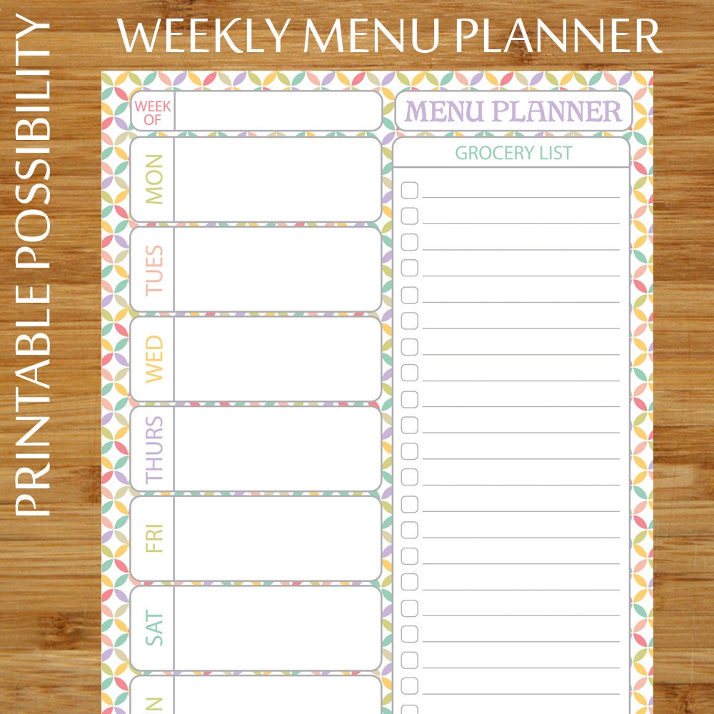 Meal Planner / Grocery List Printable Page Multicolor Quatrefoil Weekly ...