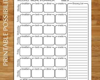 Weekly Menu Planner / Grocery List Meal Planning Printable File - Meal and Shopping Planner Page - 8.5 x 11 - Black and White Minimalist