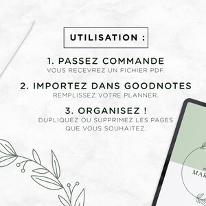 May include: A digital planner for wedding planning with a green and white color scheme. The planner is open on a tablet and shows a wreath with leaves and the text "Planner de Mariage". The text "UTILISATION" is at the top of the image, followed by instructions on how to use the planner.