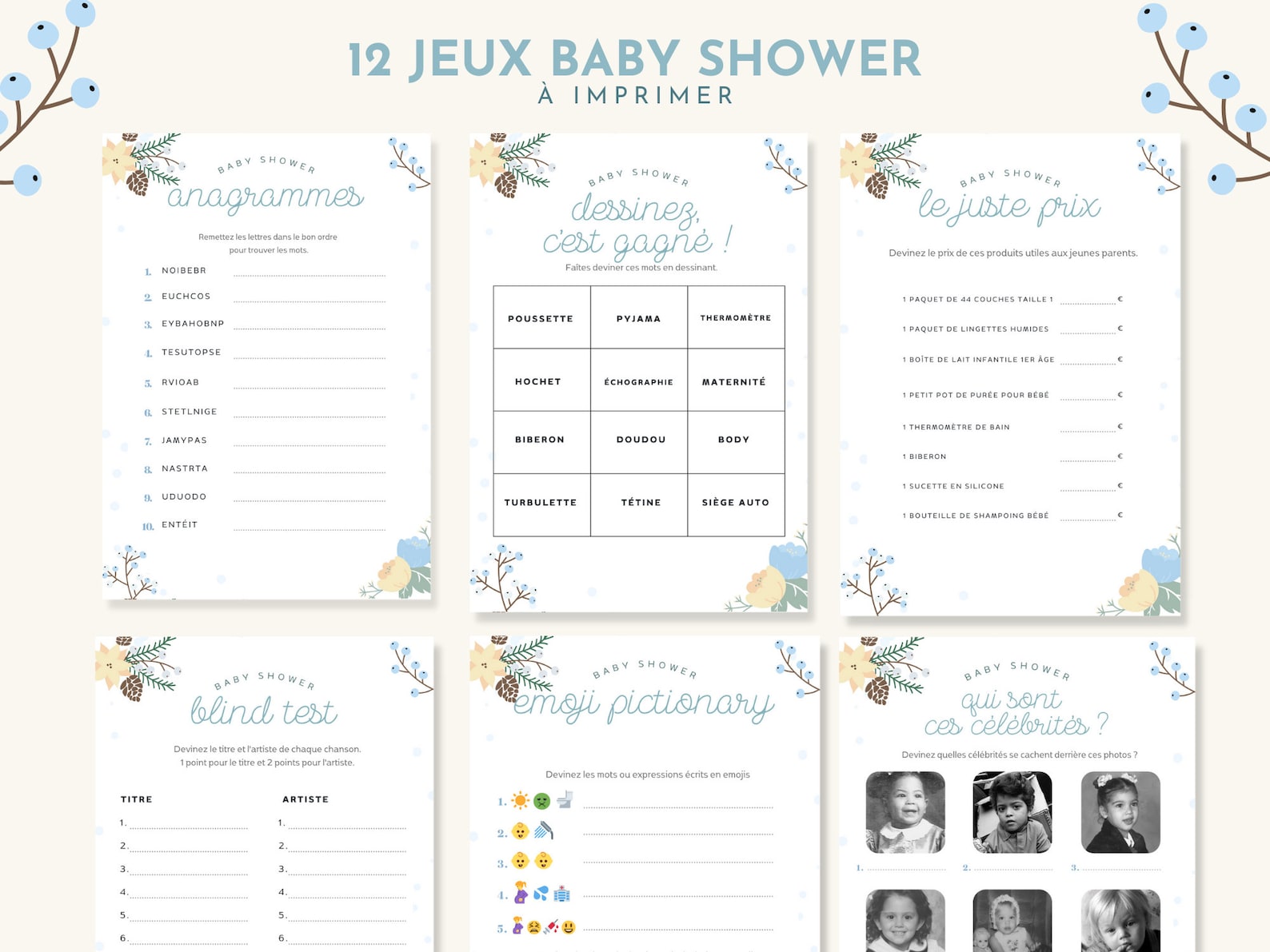 12 jeux baby shower en français à imprimer, thème hiver, pdf, bébé