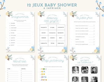 12 baby shower games in French to print, winter theme, pdf, baby, pregnancy, predictions, quiz, with answers, instant download
