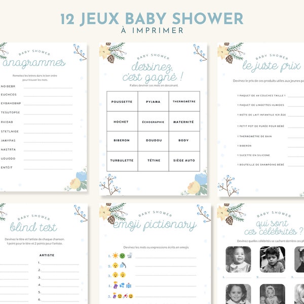 12 jeux baby shower en français à imprimer, thème hiver, pdf, bébé, grossesse, pronostics, quiz, avec réponses, téléchargement instantané