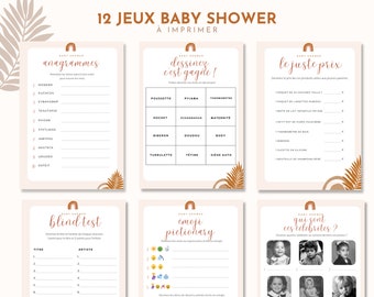 12 jeux baby shower en français à imprimer, thème boho pdf, grossesse, pronostics, quiz, avec réponses, téléchargement instantané