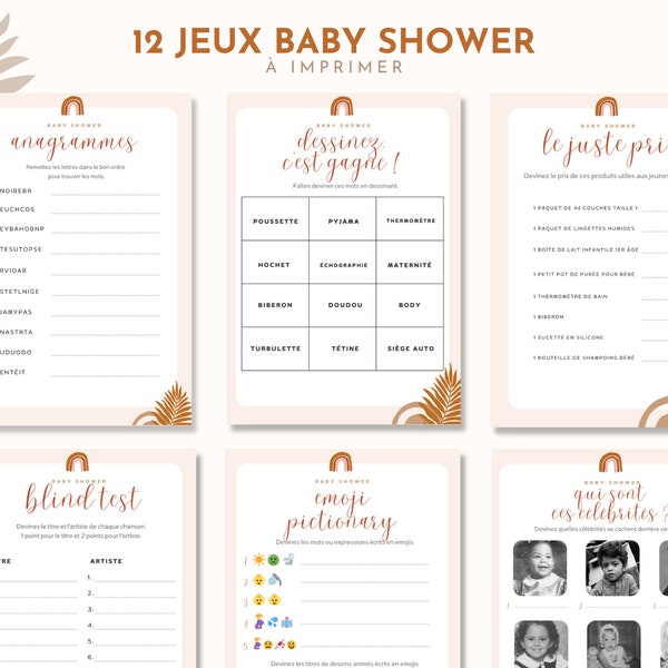 12 jeux baby shower en français à imprimer, thème boho pdf, grossesse, pronostics, quiz, avec réponses, téléchargement instantané