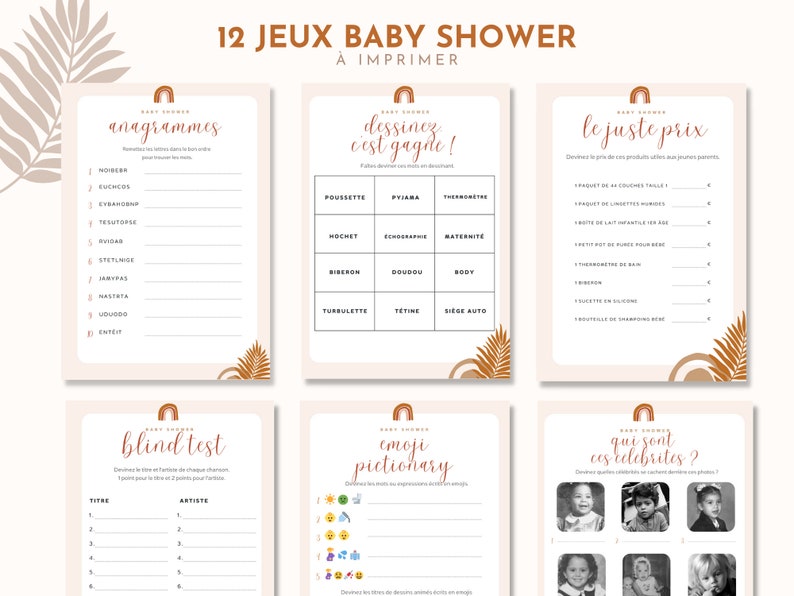 12 jeux baby shower en français à imprimer, thème boho pdf, grossesse