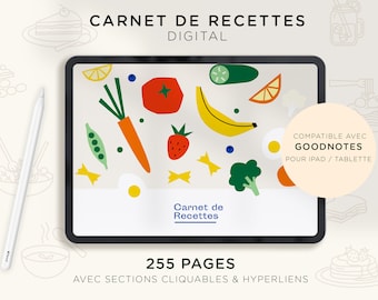 Digital recipe book, recipe card book, for ipad or tablet, Goodnotes, horizontal, French, digital download, PDF
