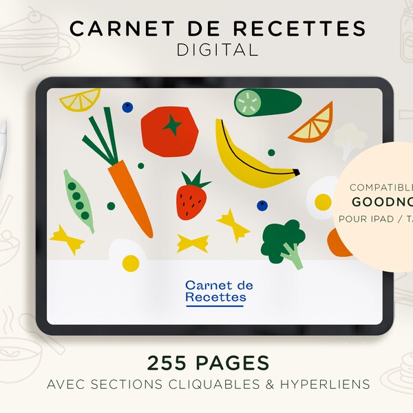 Carnet de recettes digital, livre de fiches recettes, pour ipad ou tablette, Goodnotes, horizontal, français, téléchargement numérique, PDF