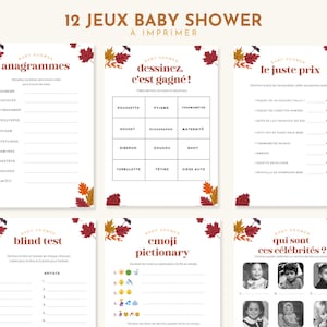 12 jeux baby shower en français à imprimer, thème automne, pdf, bébé, grossesse, pronostics, quiz, avec réponses, téléchargement instantané