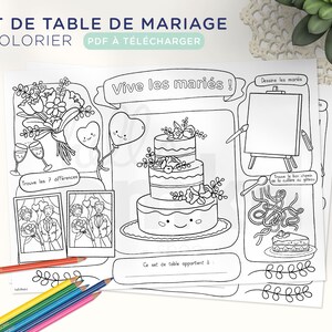 May include: A black and white printable colouring page with a wedding theme. The page features a wedding cake, a bouquet of flowers, a couple, and a blank canvas. The text "Vive les mariés!" is written in a banner at the top of the page.