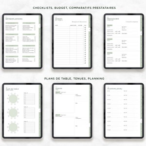May include: A printable wedding planner with checklists, budget, vendor comparisons, seating charts, attire, and day-of planning sections. The planner is designed for a digital tablet and has a green and black color scheme.