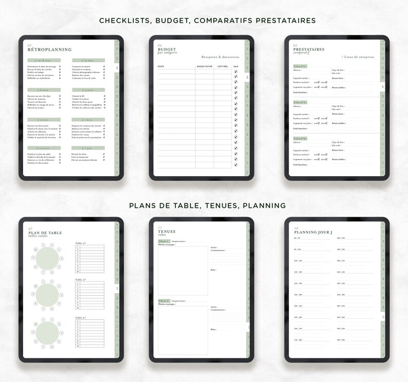 May include: A printable wedding planner with checklists, budget, vendor comparisons, seating charts, attire, and day-of planning sections. The planner is designed for a digital tablet and has a green and black color scheme.