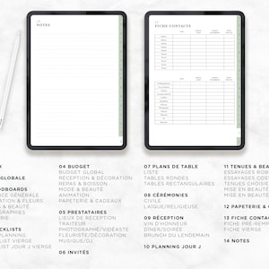 May include: A black and white planner with a green tab on the right side. The planner is divided into sections with headings such as "Index", "Moodboards", "Budget", "Plans de Table", "Tenu&eacute;s & Beaut&eacute;", "Papeterie & Cadeaux", "Fiche Contacts", and "Notes".