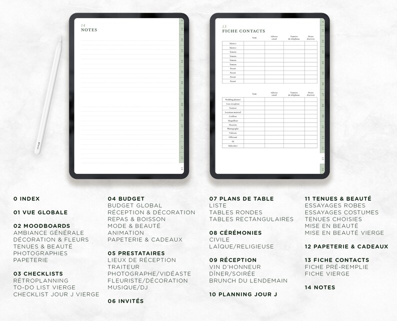 May include: A black and white planner with a green tab on the right side. The planner is divided into sections with headings such as "Index", "Moodboards", "Budget", "Plans de Table", "Tenu&eacute;s & Beaut&eacute;", "Papeterie & Cadeaux", "Fiche Contacts", and "Notes".