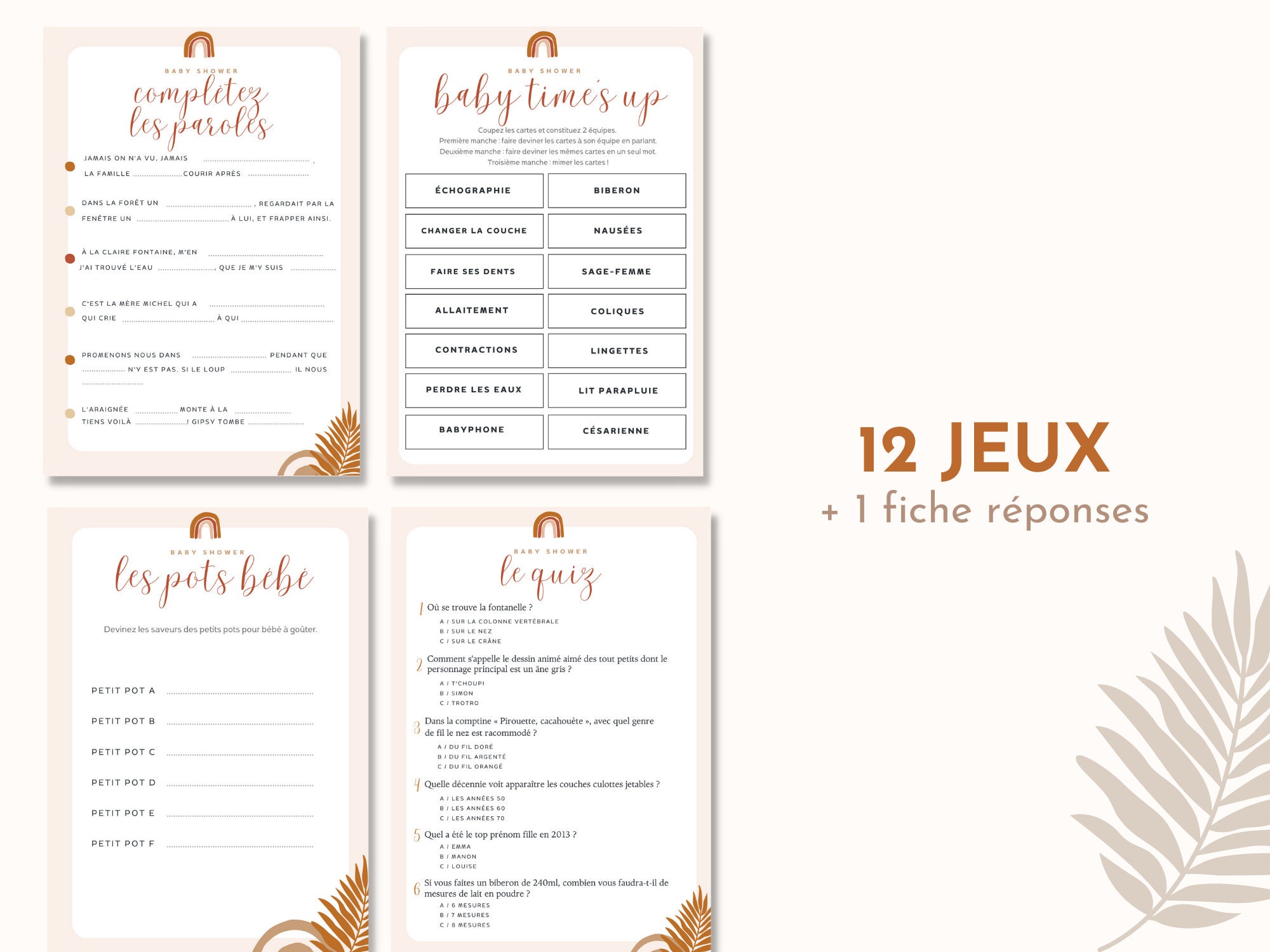 12 jeux baby shower en français à imprimer, thème boho pdf, grossesse