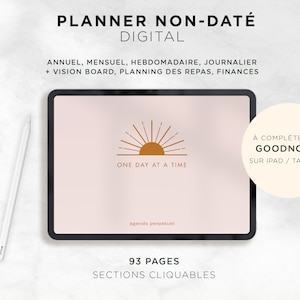 Puede incluir: Un planificador digital con un gráfico de puesta de sol y el texto "One Day at a Time". El planificador está diseñado para usarse con Goodnotes en un iPad o una tableta. Incluye 93 páginas con secciones clicables y abarca la planificación anual, mensual, semanal y diaria, así como tableros de visión, planificación de comidas y finanzas.