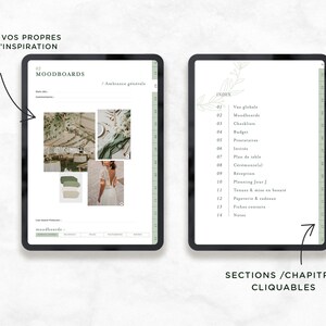 May include: A digital planner with a green and white color scheme. The planner has a section for mood boards and an index with clickable sections. The text "Import your own inspiration images" is at the top of the page.