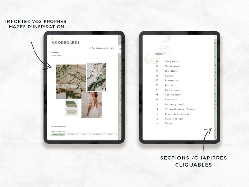 May include: A digital planner with a green and white color scheme. The planner has a section for mood boards and an index with clickable sections. The text "Import your own inspiration images" is at the top of the page.