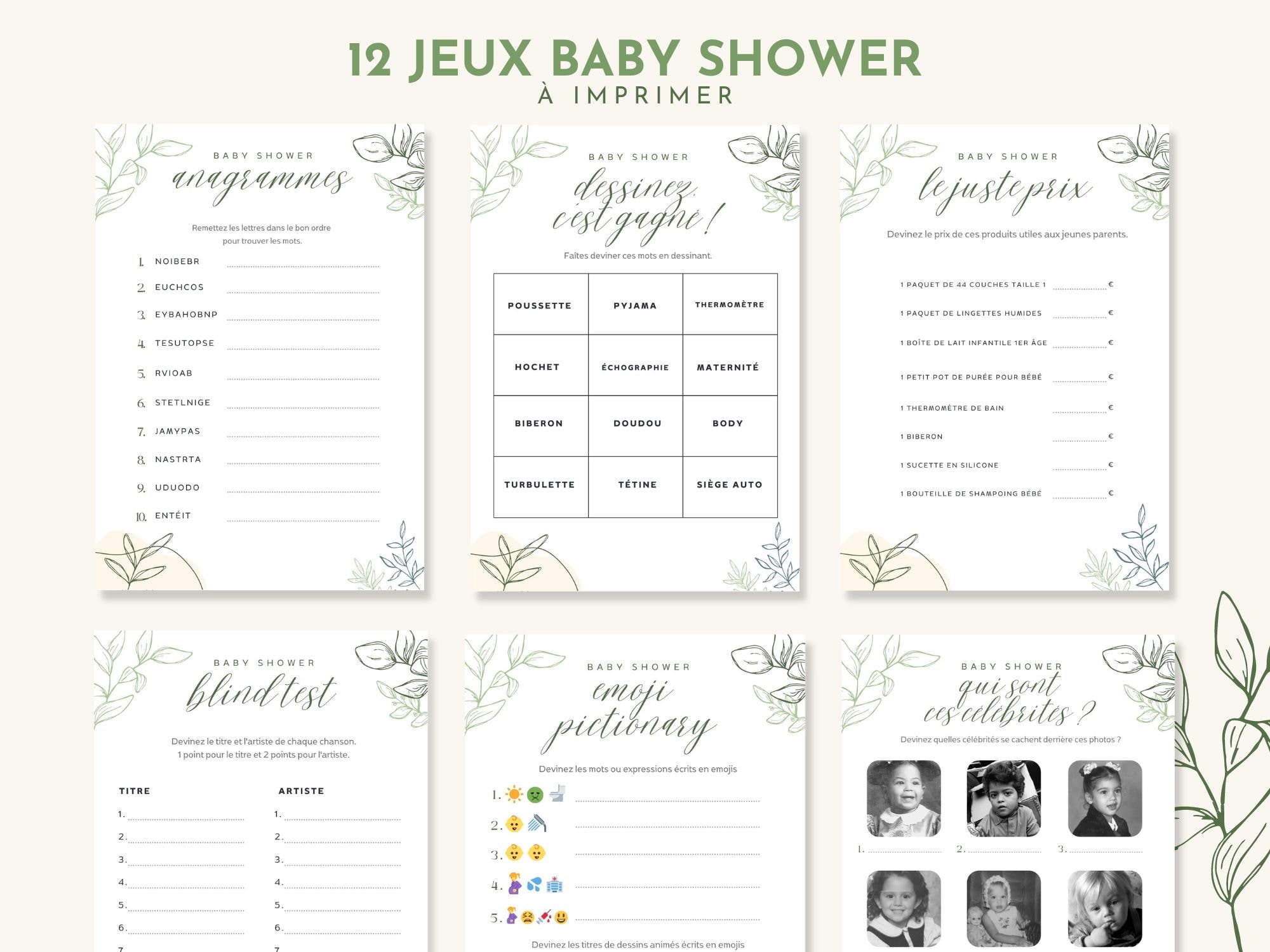 12 jeux baby shower en français à imprimer thème feuillages - Etsy France