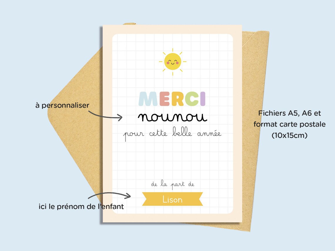Carte remerciement personnalisée nounou, maîtresse, Atsem, imprimable