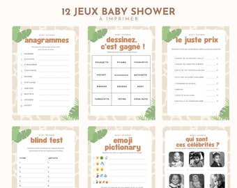 12 baby shower games in French to print, pdf safari theme, pregnancy, forecasts, quiz, with answers, instant download