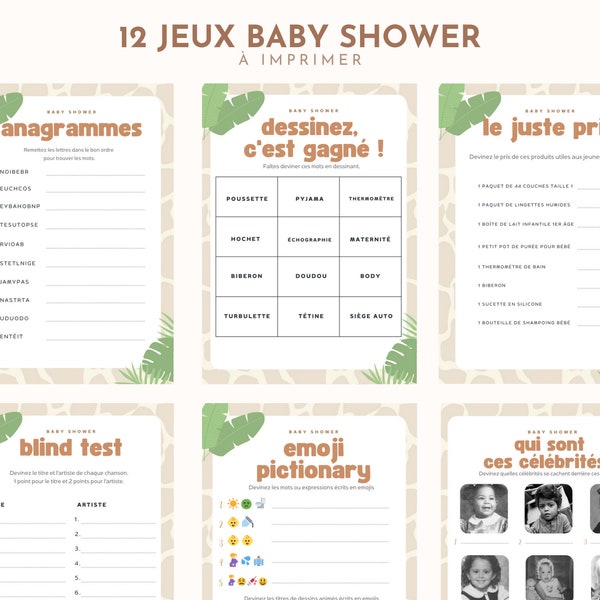 12 jeux baby shower en français à imprimer, thème safari pdf, grossesse, pronostics, quiz, avec réponses, téléchargement instantané