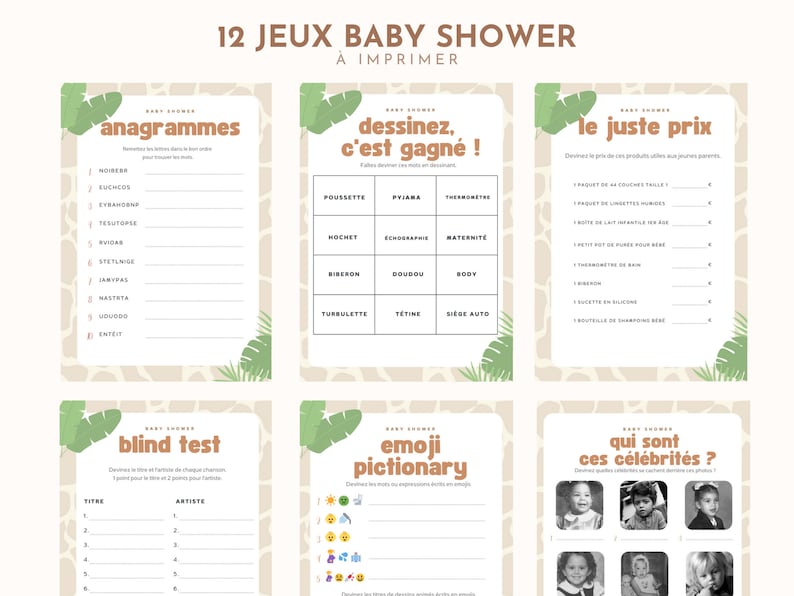 12 jeux baby shower en français à imprimer, thème safari pdf, grossesse