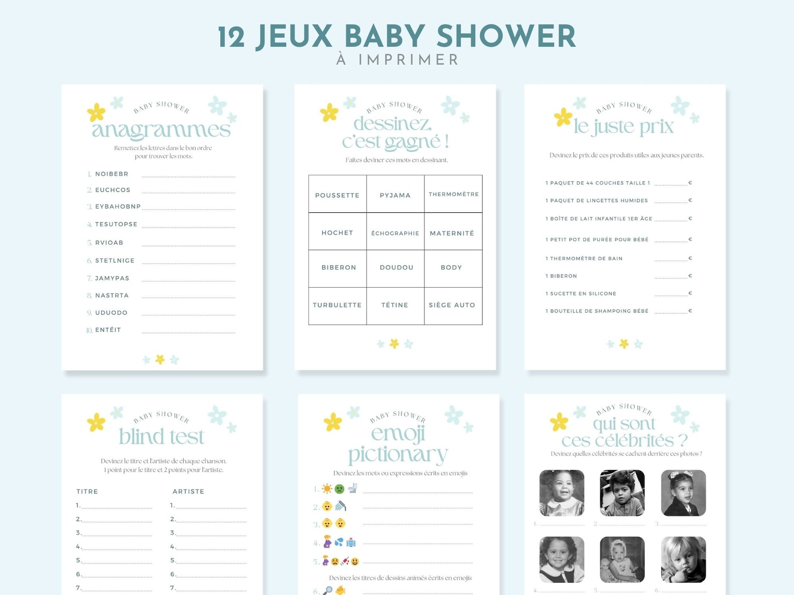 12 jeux baby shower en français à imprimer, pdf, bébé, grossesse