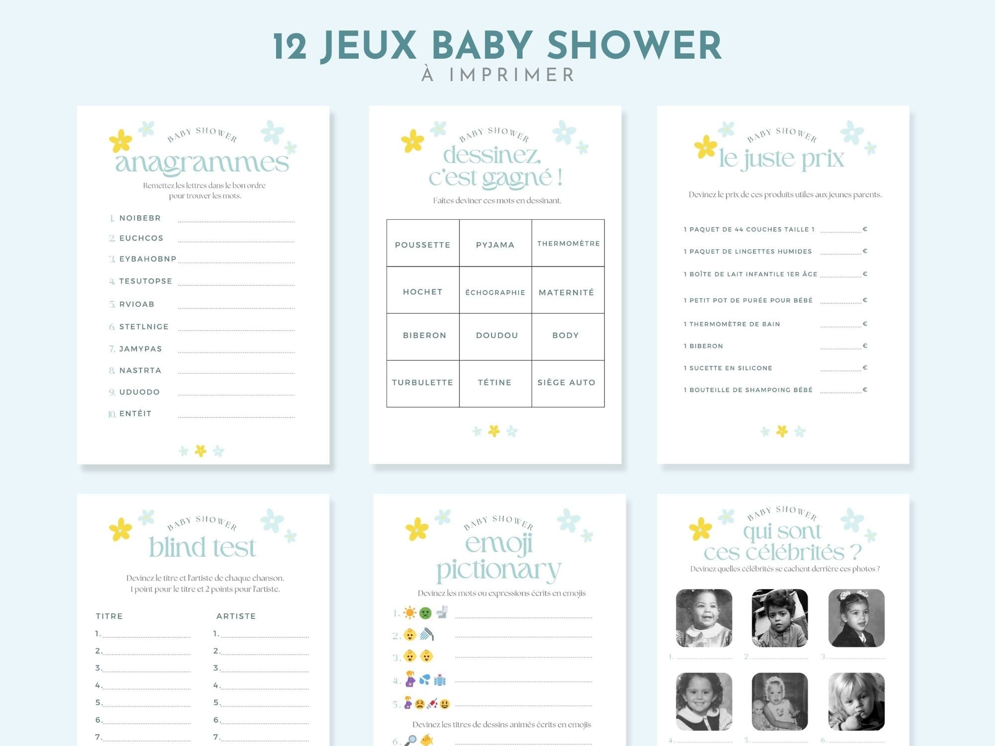12 jeux baby shower en français à imprimer pdf bébé etsy france