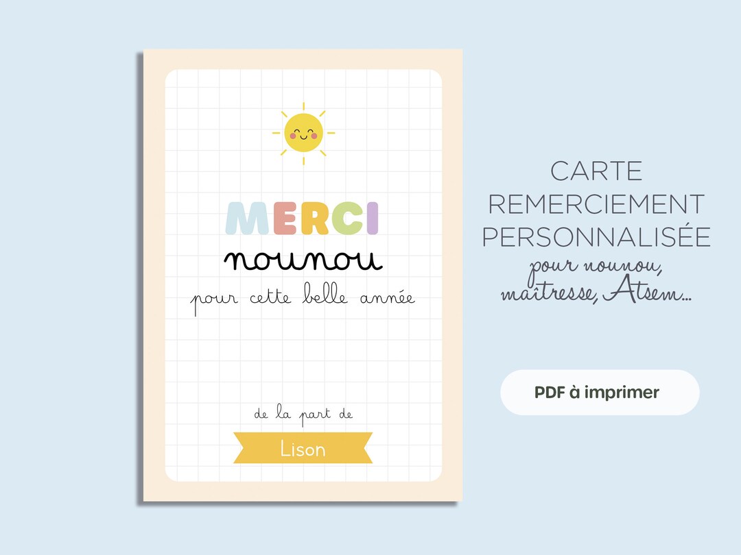 Carte remerciement personnalisée nounou, maîtresse, Atsem, imprimable