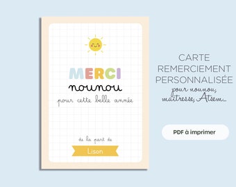 Carte remerciement personnalisée nounou, maîtresse,  Atsem, imprimable, fichier pdf, cadeau merci nounou A5, A6 et carte postale