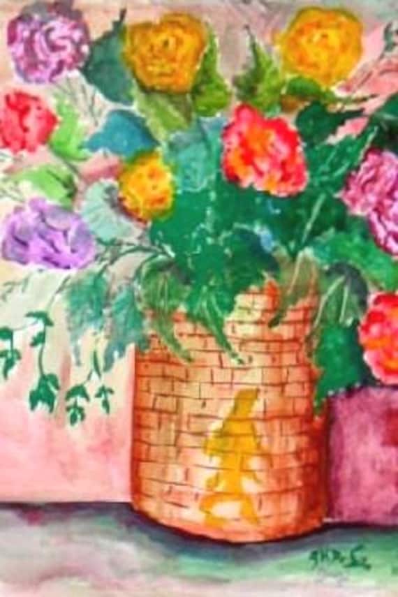 Wildflower Watercolor bouquet, watercolor painting print, flowers with wicker basket, bed room art, gifts for Mom, home decor #321