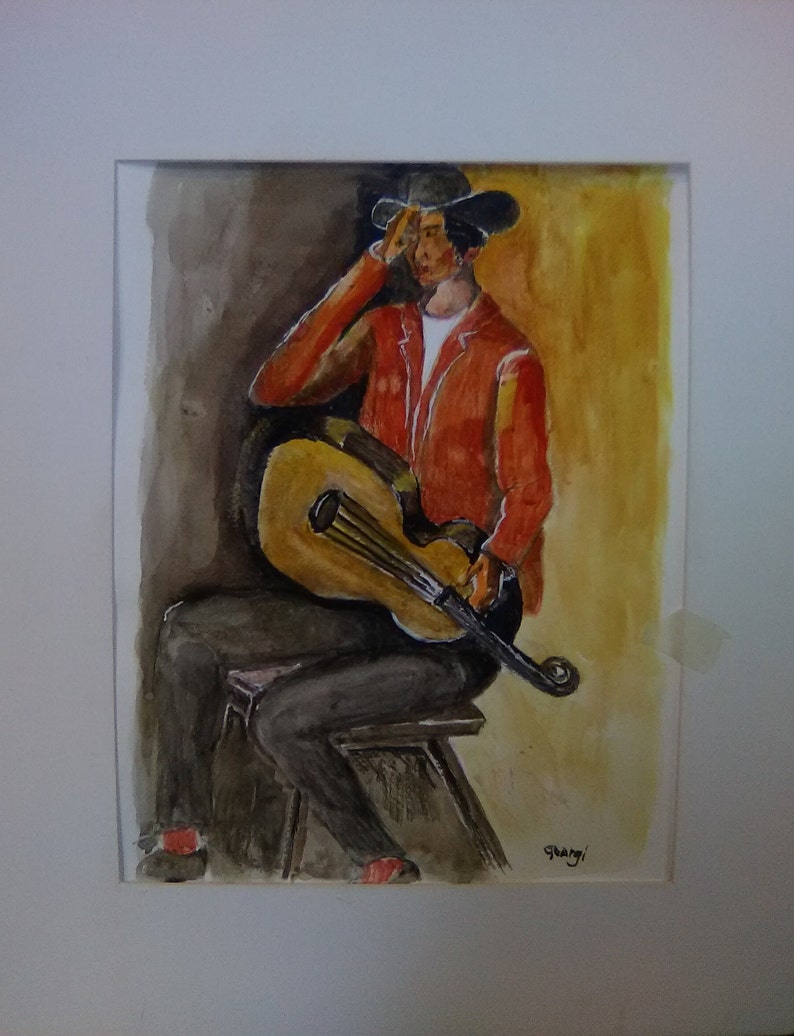 May include: A watercolor painting of a person sitting on a stool and playing a guitar. The person is wearing a red jacket and a hat. The background is a yellow and brown wash.