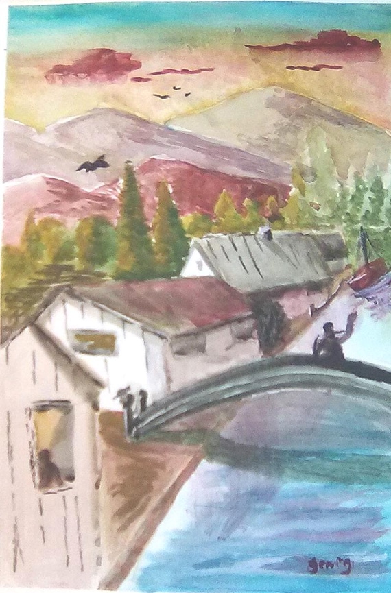 Waterfront  Village Painting Print, Scenic landscape Painting, Cottage be the Sea, Decor, #231